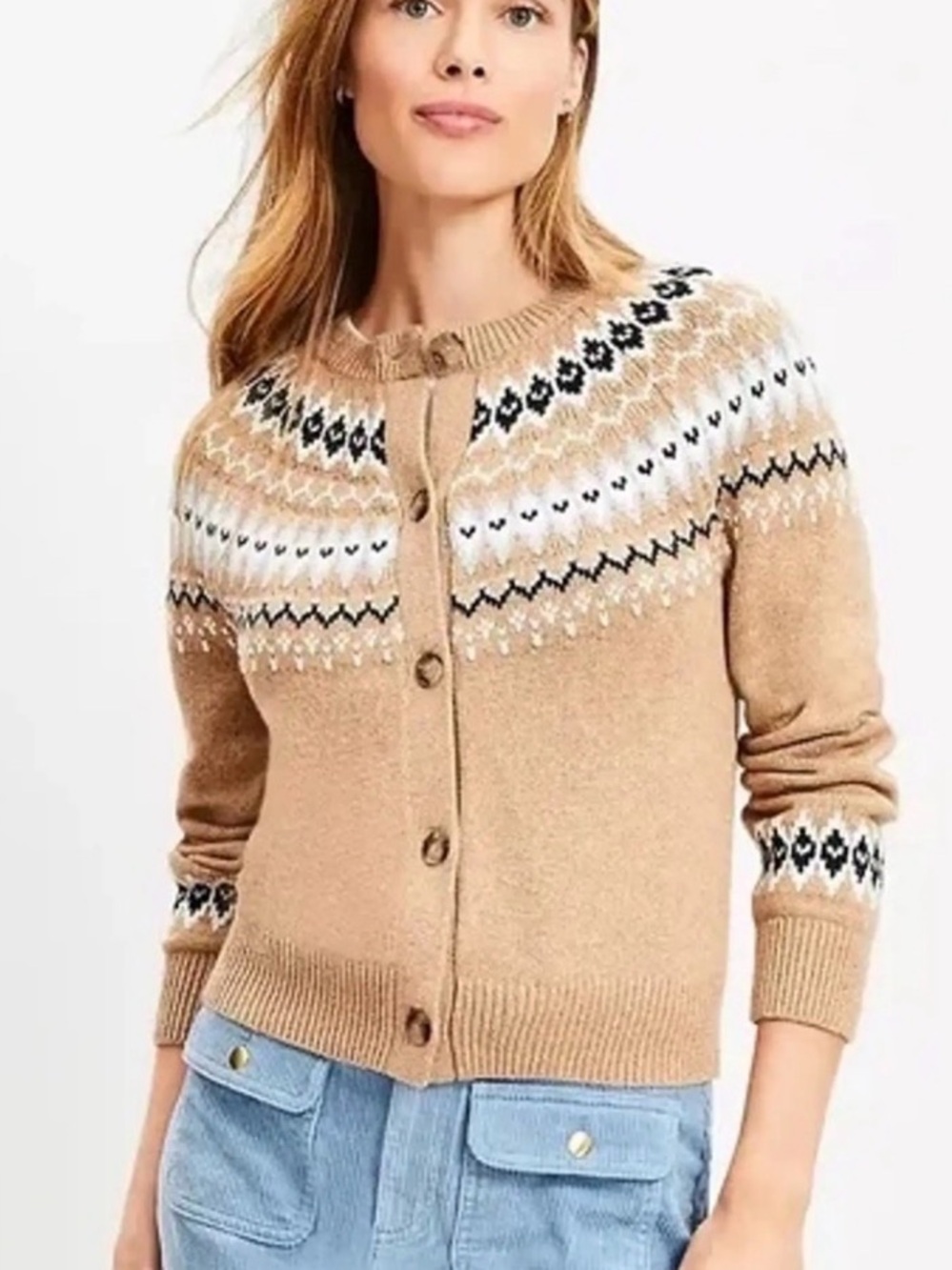 LOFT Camel Fair Isle Button-Up Sweater Cardigan size XL Preowned